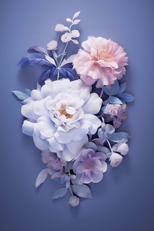 Beautiful bouquet of flowers on a blue background. Vintage styleの素材