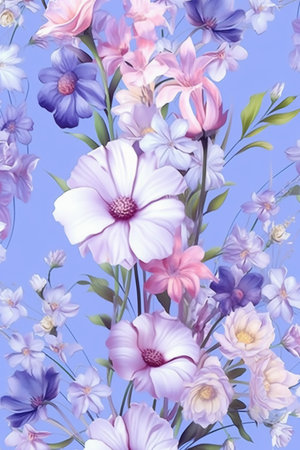 floral background with pink, blue and purple hibiscus flowersの素材