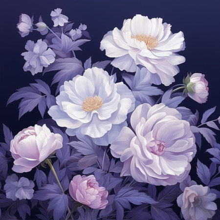 Beautiful peony flowers on a dark blue background. Vector illustration.の素材