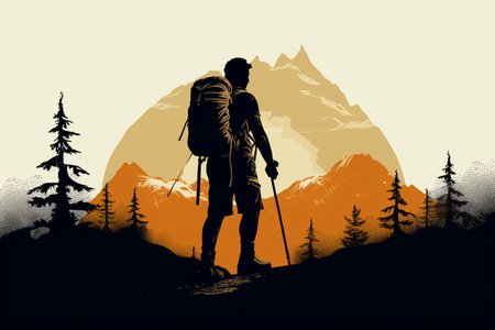 Hiker in the mountains. Silhouette of a man with a backpack.の素材