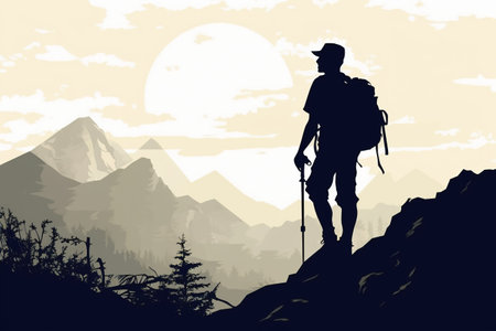 Silhouette of a hiker in the mountains. Vector illustration.の素材