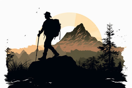 Hiker in the mountains. Silhouettes of people. Vector illustration.の素材