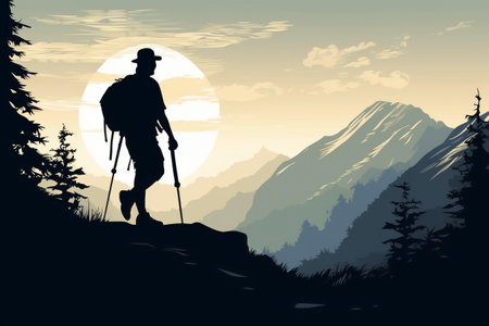 Silhouette of a man with a backpack in the mountains.の素材