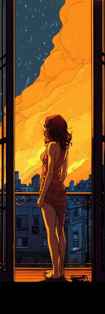 Illustration of a girl looking out the window at the night cityの素材