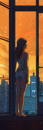 illustration of a girl standing on the windowsill, looking at the cityの素材