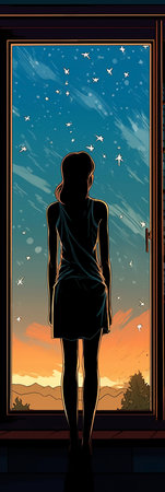 Girl standing in front of the window at night. Vector illustration.の素材