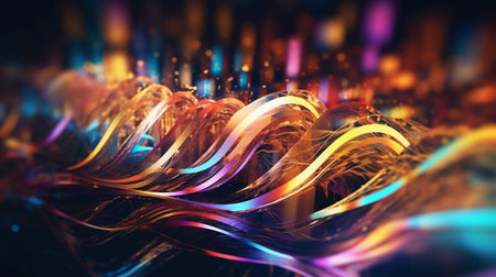 3d rendering of abstract technology concept with glowing particles in dark spaceの素材