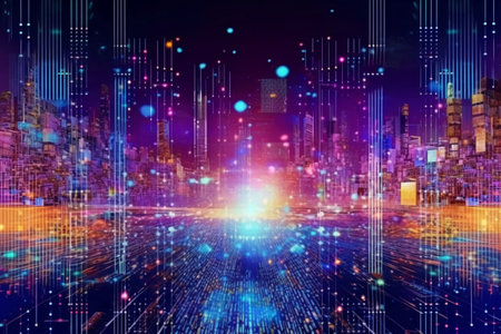 Futuristic city at night with glowing lights. 3d renderingの素材