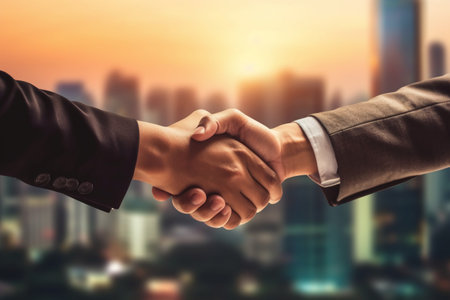 Business handshake on blurred cityscape background, business and partnership concept.の素材