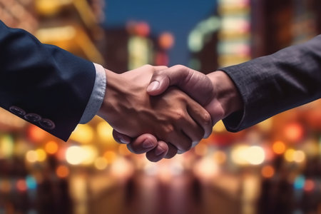 Business handshake on blurred city background. Successful business deal concept.の素材