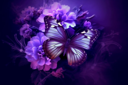Beautiful butterfly on flower background. Blue and purple color tone.の素材