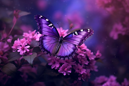 Purple butterfly on lilac flowers. Selective focus. nature.の素材