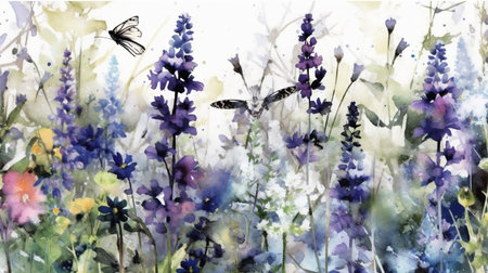 Watercolor painting of lavender flowers and butterfly on watercolor backgroundの素材