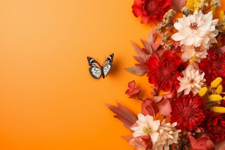 Autumn flowers and butterfly on orange background. Flat lay, top viewの素材