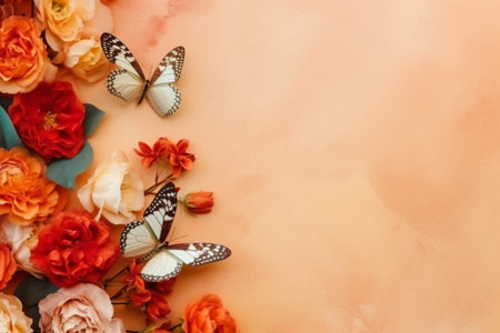 Flowers and butterflies on orange background. Flat lay, top viewの素材