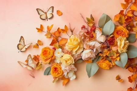 Flowers and butterflies on a pink background. Flat lay, top view.の素材