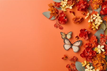 Flowers and butterfly on orange background with copy space, flat lay.の素材