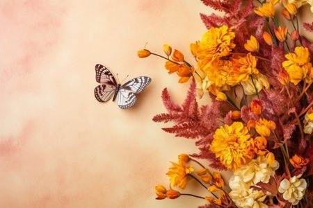 Flowers and butterflies on a pastel background. Flat lay.の素材
