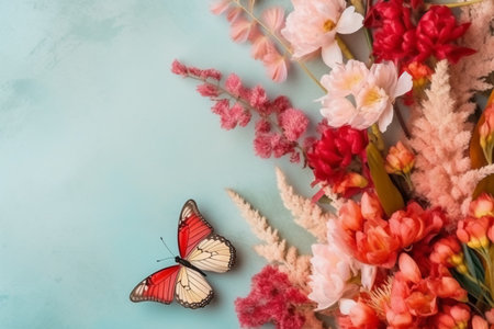 Beautiful flowers and butterfly on blue background. Flat lay, top viewの素材