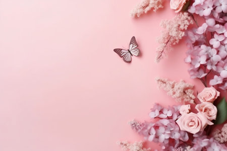 Flowers composition. Pink hydrangea flowers and butterflies on pastel pink background. Flat lay, top view, copy spaceの素材