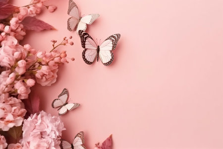 Beautiful pink flowers and butterflies on a pink background with copy spaceの素材
