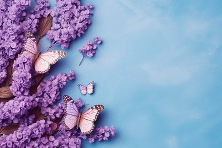 Beautiful lilac flowers and butterflies on blue background with copy spaceの素材
