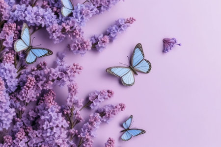 Lilac flowers and butterflies on pink background. Flat lay, top viewの素材