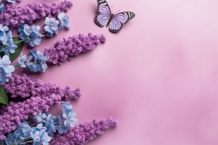 Purple hydrangea flowers with butterfly on pink background.の素材