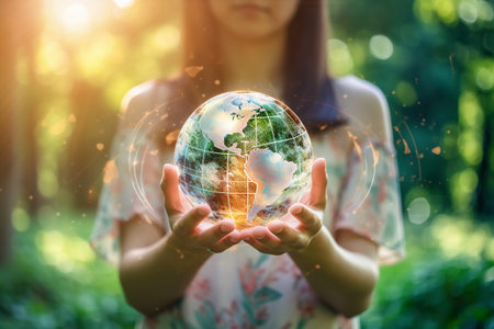 Woman hands holding Earth globe on nature background. Save earth concept.の素材