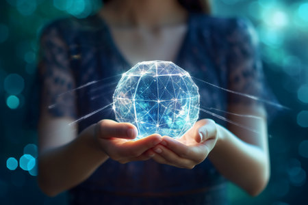 Businesswoman holding a glowing globe in her hands. 3D renderingの素材