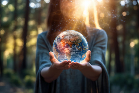 Globe in woman hand on nature background. save the planet conceptの素材