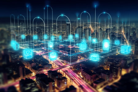 Cyber security theme hologram over night city view 3D renderingの素材