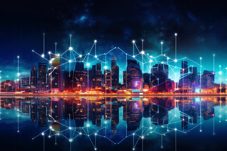 Abstract image of modern skyscrapers and financial charts on the background of night cityの素材
