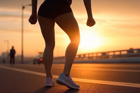 Runner athlete running on city road. woman fitness jogging workout wellness concept.の素材