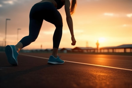 Runner athlete running on track at sunset. woman fitness jogging workout wellness concept.の素材