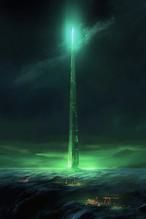 3D Illustration of an alien planet with a lighthouse in the backgroundの素材