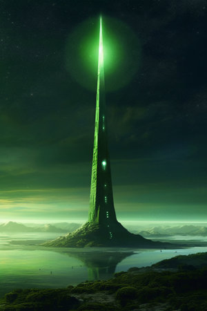 Fantasy alien planet. Mountain and starry sky. 3D illustrationの素材