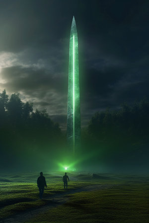 Silhouette of two people walking towards a giant obelisk in the fogの素材