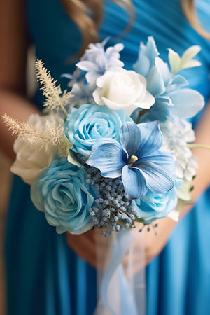 Beautiful wedding bouquet of blue and white flowers in the hands of the brideの素材