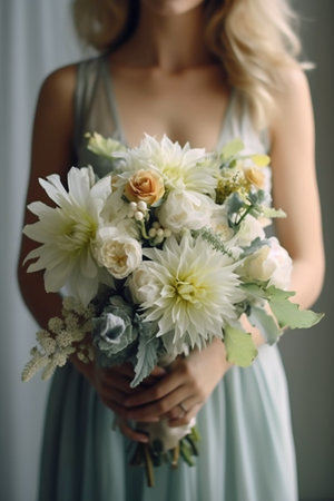 Beautiful wedding bouquet in hands of the bride. Close-upの素材