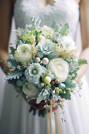 Beautiful wedding bouquet in hands of the bride. Wedding detailsの素材