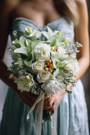 Beautiful bridal bouquet in hands of the bride, close-upの素材