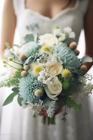 Beautiful wedding bouquet in hands of the bride, close-upの素材