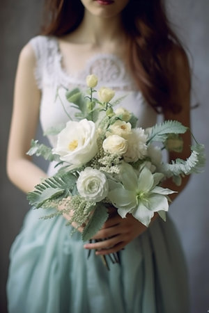 Bouquet of white flowers in the hands of a young womanの素材