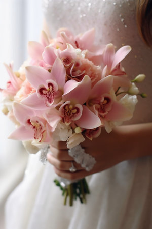 Wedding bouquet of pink orchids in bride's handsの素材