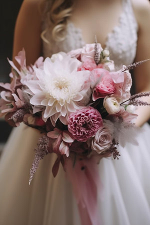 Wedding bouquet of pink and white flowers in hands of the brideの素材