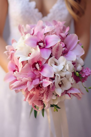 wedding bouquet of pink and white orchids in the hands of the brideの素材