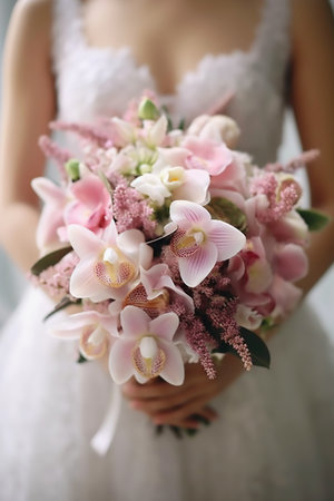 Bridal bouquet of pink orchids in the hands of the brideの素材