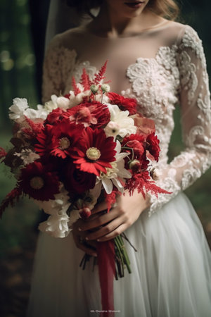 Wedding bouquet in the hands of the bride in the forestの素材