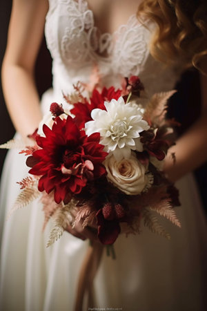 Wedding bouquet in the hands of the bride. Wedding dressの素材